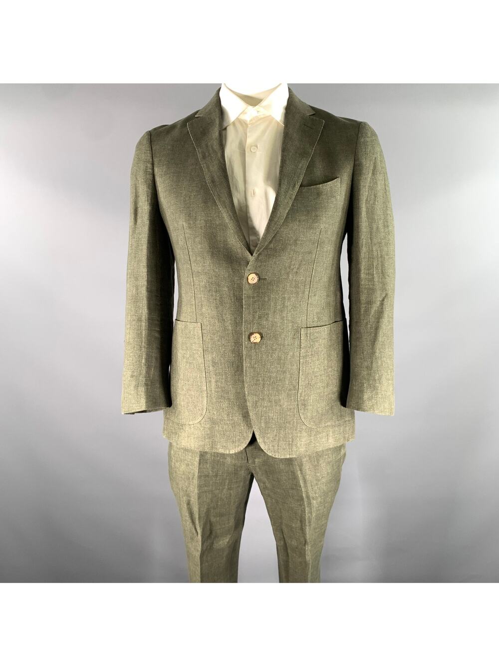 SOLBIATI Size 40 Green Olive Linen Notch Lapel Suit